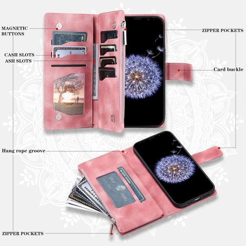 Asuwish Wallet Case for Samsung Galaxy S9 Plus - Mandala Flower, Zipper Card Holder, Tempered Glass, Wrist Strap, Rose