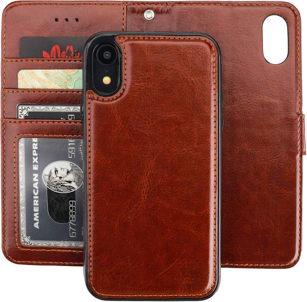 Bocasal Wallet Case for iPhone Xr, PU Leather Magnetic Detachable Kickstand Shockproof Cover with Wrist Strap