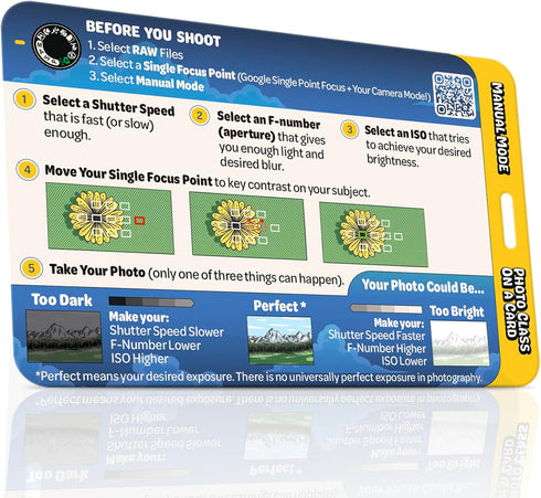 DSLR Workshops Manual Mode Photo Class on a Card & Exposure Guide - Manual Mode Cheat Sheet for Learning ISO, Aperture