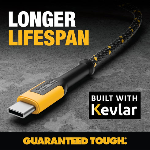 DEWALT 10 ft Type C to USB Cable Fast Charging USB-C to USB-A, Reinforced Braided Cable for durability.
