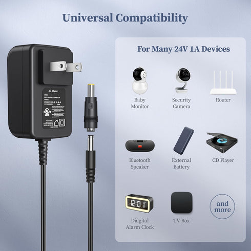 24V 1A Power Supply 24 Volt Charger, 1000mA 24W Max Regulated Switching AC to DC Cord Adapter with 10 Replacement