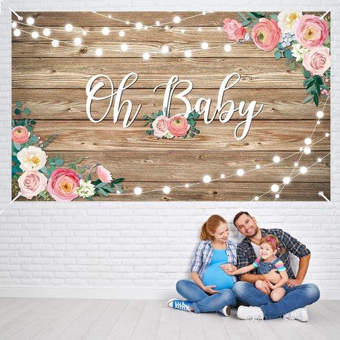 Rustic Wood Baby Shower Backdrop Banner Oh Baby Floral Decorations for Girls and Boys Birthday Party Supplies