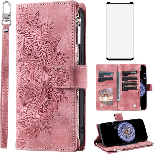 Asuwish Wallet Case for Samsung Galaxy S9 Plus - Mandala Flower, Zipper Card Holder, Tempered Glass, Wrist Strap, Rose