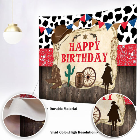 Mocsicka Western Cowboy Happy Birthday Backdrop, Rustic Old West Rodeo Banner (7x5ft, 82x60 inch) Decoration