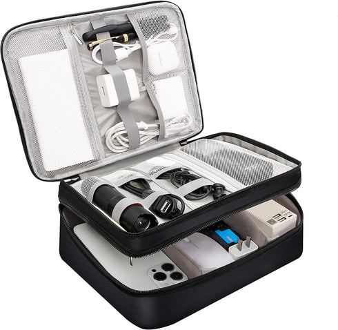 Electronics Travel Organizer Bag, Double Layer Waterproof Storage for Charger, Phone, Power Bank, Tablet