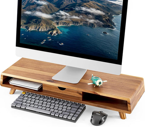 TINAMO Acacia Wood Monitor Stand with Drawer, Wooden Riser for Desk, Multi-Purpose Desktop Storage