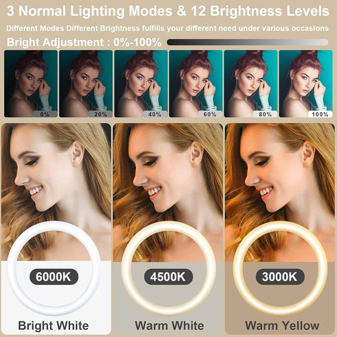 13" Selfie Ring Light with 63" Tripod Stand & 3 Phone Holders, LED Camera Ringlight with RGB Colors for Makeup/Videos