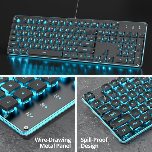 Owpkeenthy Black Computer Keyboard, Full-Size Typewriter Ice Blue Backlit Quiet Office Gaming Keyboard with Cool Square Punk Keys Metal Panel for Laptop,PC Desktops (104 Black)