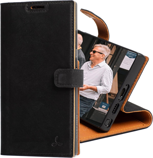 Snakehive Black Genuine Leather Wallet Case for Samsung Galaxy S23 Ultra with Card Holder and Stand