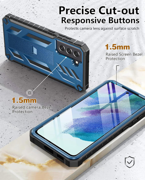 Samsung Galaxy S21-FE Phone Case, Dual-Layer Military Grade Drop Proof Cover with Kickstand, Blue
