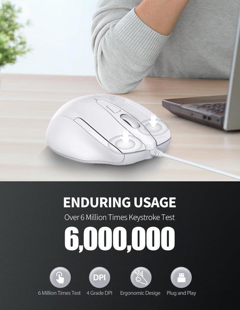 TECKNET USB Wired Mouse, 6-Button Corded Mouse with 4 Adjustable DPI, Ergonomic Design for Laptop, PC, Mac (LT.White)