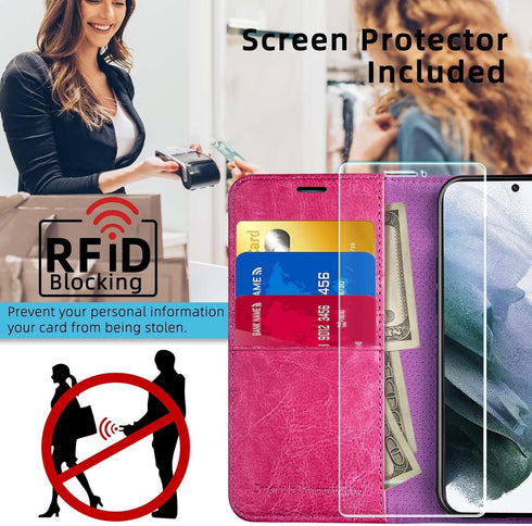 MONASAY Wallet Case for iPhone 15 5G, 6.1-inch, Flip Folio Leather Cover with Credit Card Holder, Hot-Pink [Glass