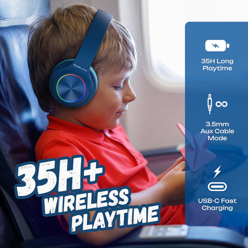PowerLocus PLED Kids Bluetooth Headphones, Wireless with LED Lights, Safe Volume, Micro SD, AUX Cable, Hi-Fi Stereo for