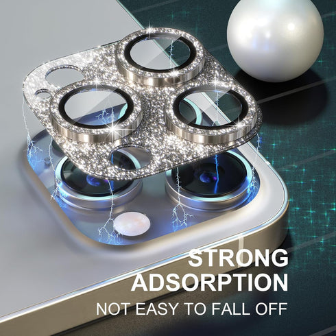 Choiche Bling Camera Lens Protector for iPhone 15 Pro/Pro Max, 9H Tempered Glass, Glitter-Titanium Gold, Metal Ring.