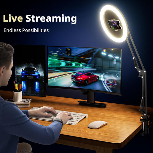 UBeesize 12’’ Ring Light with Overhead Phone Mount, LED Selfie Light with Stand for iPhone and Laptop, Desk Light for