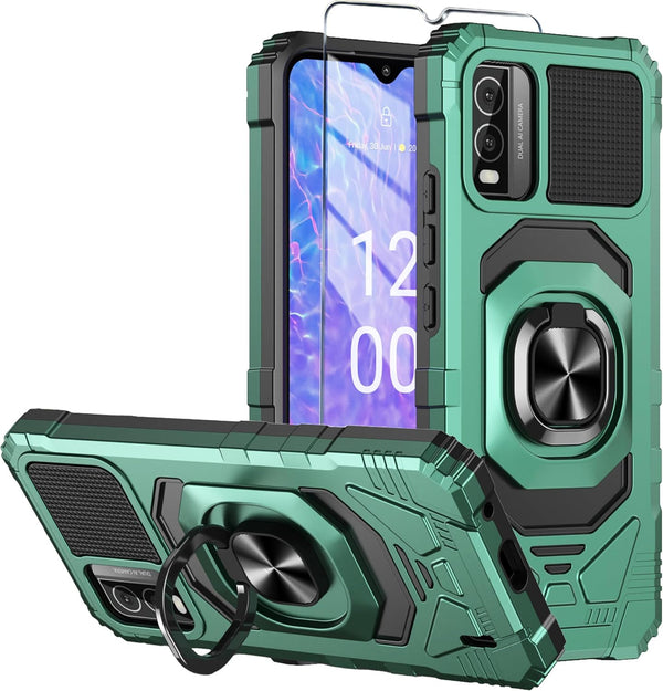 Nokia C210 Case with Tempered Glass Screen Protector, Military Grade Heavy Duty Shockproof Cover with Ring Kickstand,