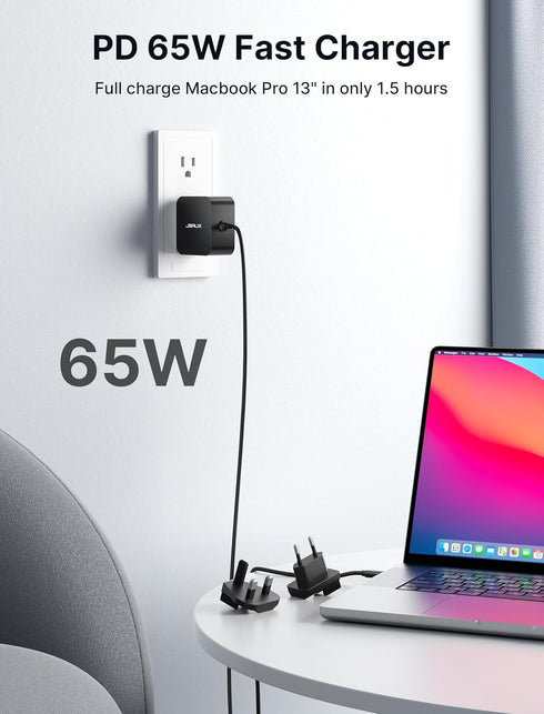 JSAUX 65W USB C Charger, 10FT Cable 65 Watt Laptop Wall Fast Charger for ROG Ally, Steam Deck, MacBook Pro/Air,