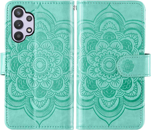 Asuwish Wallet Phone Case for Samsung Galaxy A32 5G (2021) - 6.5" with Tempered Glass & Flip Card Holder - Green