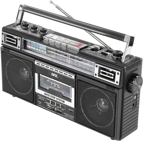 QFX J-220BT Boombox - MP3 Conversion from Radio to Cassette, Bluetooth, Dual 3” Speakers, Built-in Microphone
