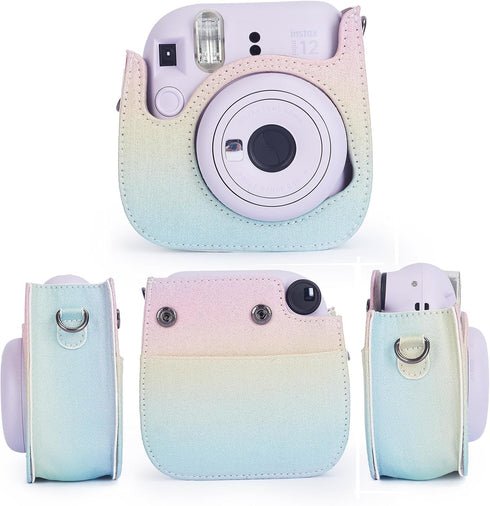 Phetium Instant mini 12 Camera Protective Case Compatible with Instax Mini 12 11,PU Leather Bag with Pocket and Adjustable Shoulder Strap (Shining Rainbow)