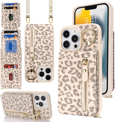 iPhone 13 pro max Case with Card Holder for Women, iPhone 13 pro max Phone Case Wallet with Strap Credit Card Slots Crossbody with Kickstand Zipper Case - Rice Leopard