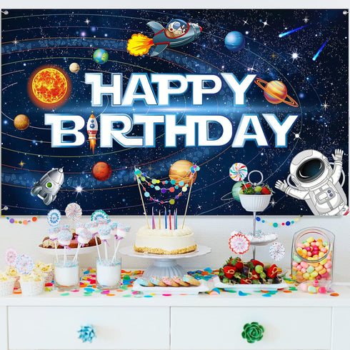 Sumind Space Happy Birthday Decorations, Astronaut Rocket Backdrop Banner for Kids Boys Party, 72.8 x 43.3 Inches