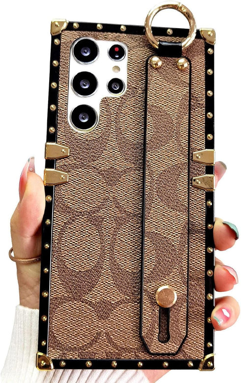 Luxury Brown Phone Case for Samsung Galaxy S23 Ultra - 6.8" Anti-Drop Designer Case with Wristband Strap.