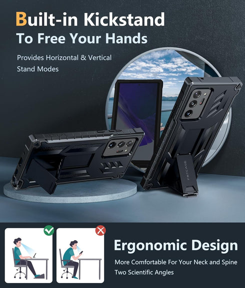 FNTCASE Samsung Galaxy Note 20 Ultra Case: Heavy Duty Matte Black, Military Grade Drop Proof, with Kickstand - 6.9"
