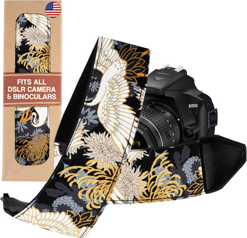 Art Tribute Vintage Camera Strap for All DSLR and Mirrorless Cameras, Black Crane Gold Foil Design