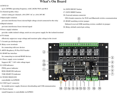 Industrial 6-Channel WiFi Relay Module ESP32-S3, Supports WiFi/Bluetooth/RS485 Remote Control, Built-in Power