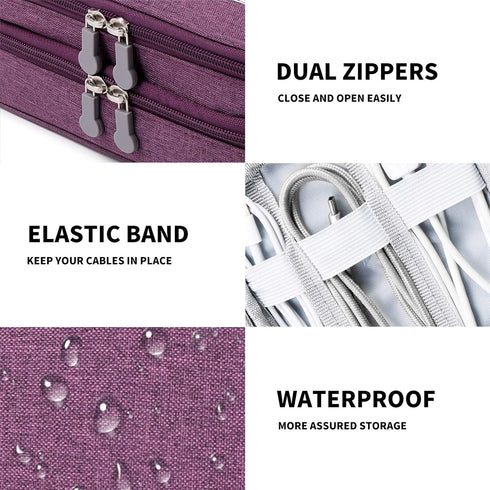 Travel Cable Organizer Bag, Portable Double Layer Case for Cord, Phone, Charger, SD Card (Purple)