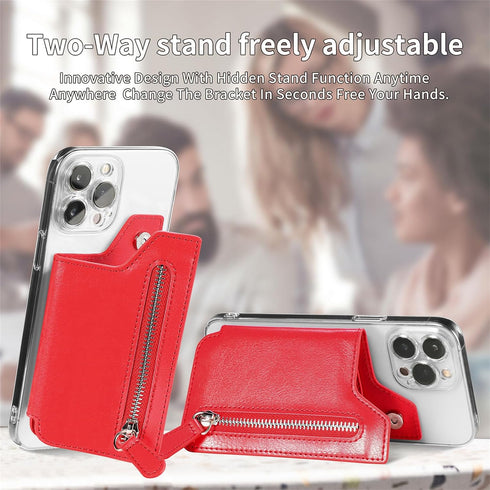 Phone Wallet Stick On, Flip PU Leather Card Holder with Zipper Closure Coin Pocket, Magnetic Closure for