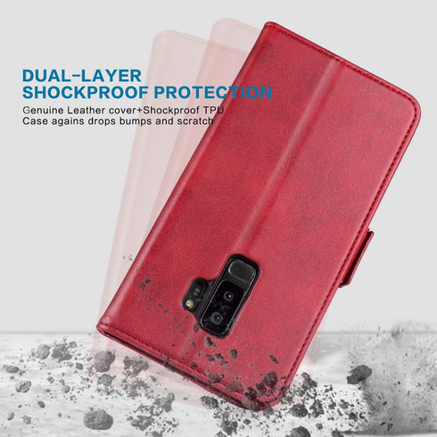 Phone Case for Samsung Galaxy S9 Plus, Leather Wallet with Tempered Glass Screen Protector, Card Holder, Red