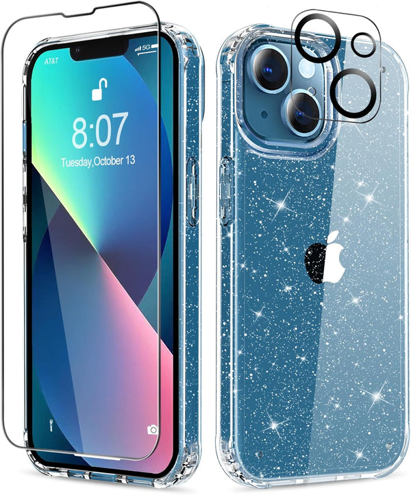 MIODIK iPhone 13 Case - Clear Glitter Shockproof Cover with Screen & Camera Lens Protectors for Women, 6.1 inch.