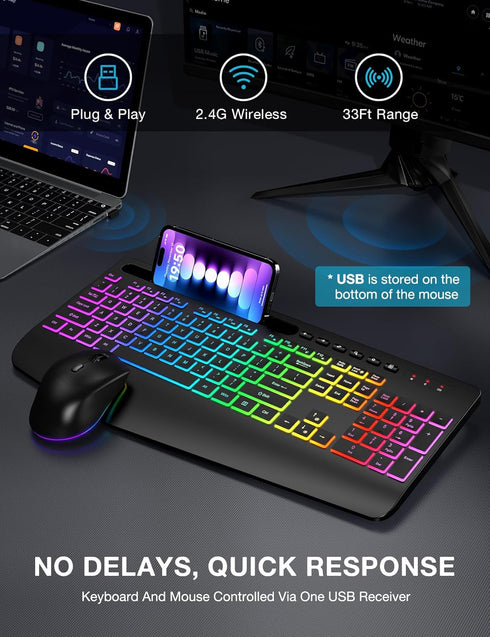 Wireless Keyboard and Mouse Combo - 9 Backlit Effects, Wrist Rest, Phone Holder, Rechargeable Silent Set