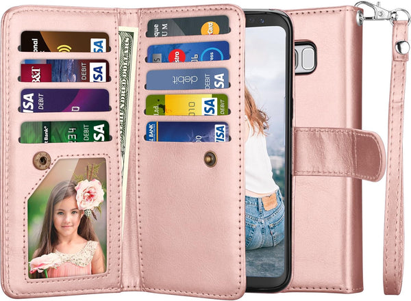 NJJEX Wallet Case for Galaxy S8, PU Leather, Rose Gold, 9 Card Slots, Detachable, Kickstand, Magnetic