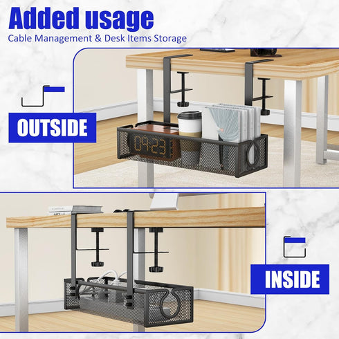 REFLYING Under Desk Cable Management Tray, Black Metal Long Arms, No Drill Mesh Desk Cable Tray for Office Organization
