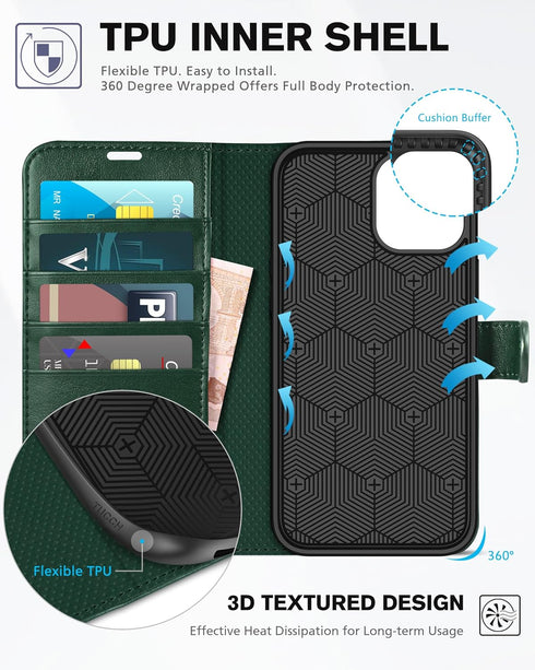 TUCCH Wallet Case for iPhone 12 Pro Max 5G, PU Leather Magnetic Flip Cover, Shockproof TPU Interior, Midnight Green