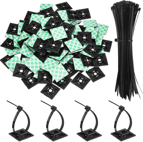 100 Pack Black Zip Tie Adhesive Mounts, Self Adhesive Cable Base Holders with Multi-Purpose Cable Tie