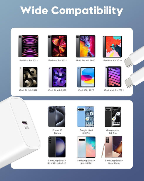 20W Fast Charger for iPhone 15/15 Pro Max, iPad Pro 12.9/11 inch, 2 Pack Fast Wall Charger Block with 10FT USB C to C