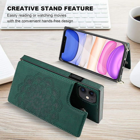 KIHUWEY 11 Crossbody Wallet Case with Card Slots, Embossed Mandala Pattern, Protective Kickstand Cover