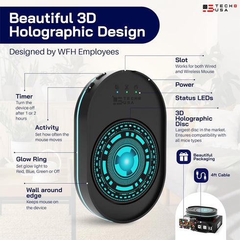 TECH8 USA Mouse Mover Device - Undetectable Jiggler for Laptops & PC, No Software, Random Movement, Patented - 3D