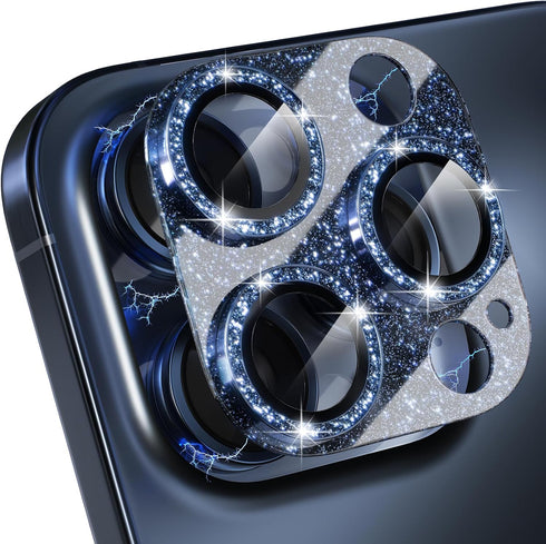 Choiche Bling Camera Lens Protector for iPhone 15 Pro/Pro Max, 9H Tempered Glass, Glitter-Titanium Blue, Metal Ring.