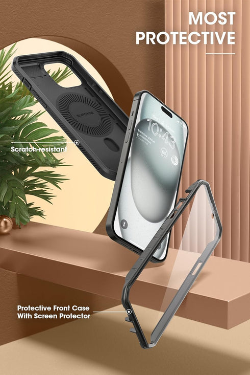 SUPCASE iPhone 15 Plus Case with Stand, Compatible with MagSafe, Built-in Screen Protector, Black