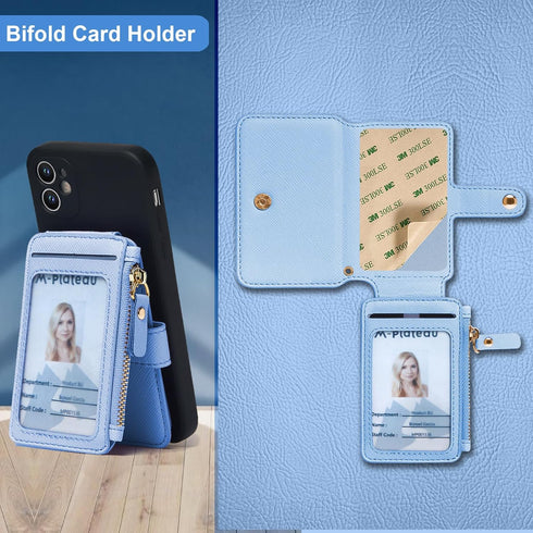 M-Plateau RFID Blocking Phone Wallet Stick on Leather, Attachable Card Holder for Most Smartphones (Sky Blue)