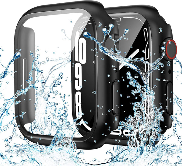 Goton Waterproof Case for Apple Watch 44mm SE (2nd Gen), Tempered Glass Face Cover, Black