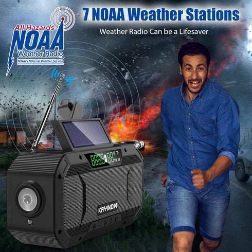 Portable Emergency Weather Radio with Waterproof Bluetooth Speaker, Hand Crank Solar Rechargeable, 5000mAh Charger,