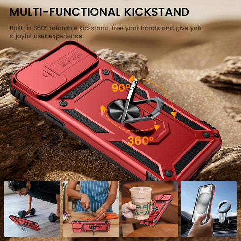 Goton iPhone 15 Plus Case - Heavy Duty Shockproof Bumper with Screen Protector & Slide Camera Cover, Red