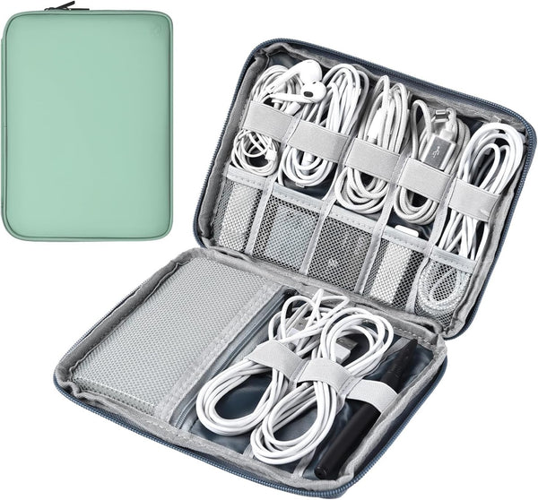 Leather Cord Organizer Travel Bag, Waterproof Tech Organizer Case for Charger and Accessories (Light Green, Large)