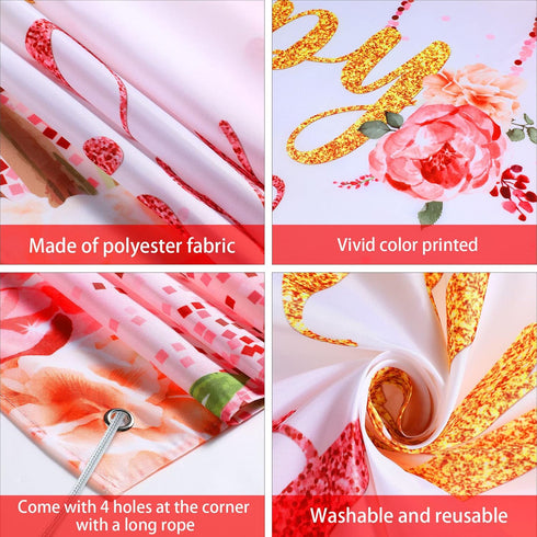 Happy Birthday Backdrop Decorations for Women, Rose Gold Floral Glitters Banner Party Supplies for Girls Boys